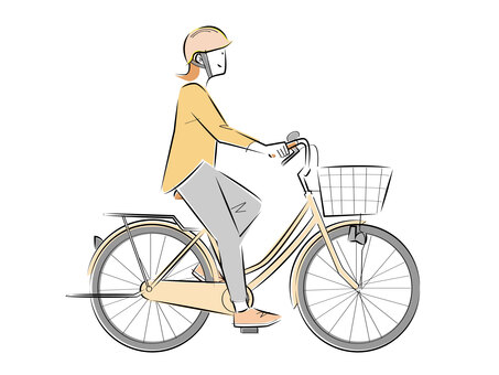 ヘルメットを着用して自転車に乗る女性 人物,女,自転車,ヘルメット,ママチャリ,サイクリング,ツーリング,走る,漕ぐ,運転のイラスト素材