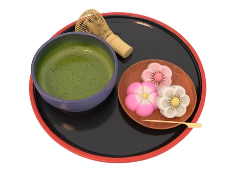 春の観梅の茶店での紅白梅の和菓子とお抹茶 梅,抹茶,和菓子,漆器,春,茶筅,皿のイラスト素材