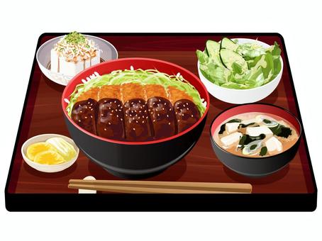 味噌カツ丼定食 味噌カツ丼,カツ丼,定食,料理,食べ物,丼物,とんかつ,味噌カツ,味噌汁,ネギのイラスト素材