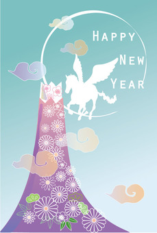 年賀状うま＿おしゃれ01 年賀状,おしゃれ,午,シルエット,富士山,雲,結晶,輝き,グラテーション,松のイラスト素材