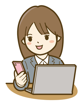 パソコン操作中にスマホを見る女性_25 パソコン操作中にスマホを見る女性_25 ビジネス,人物,女性,人,ビジネスウーマン,キャリアウーマン,会社員,スーツ,パソコン,ノートパソコンのイラスト素材