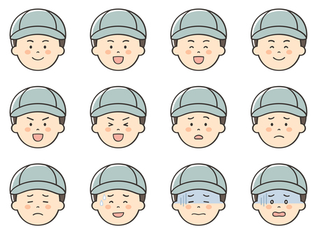 男性作業員のいろいろな表情アイコン 作業員,清掃員,掃除,工場,工業,土木,建築,製造業,技術者,整備士のイラスト素材