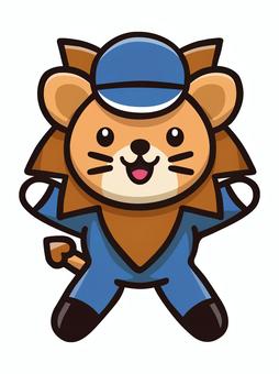 ライオン作業キャラクター青02 ライオン,作業服,キャップ,キャラクター,帽子,元気,ジャンプ,喜びのイラスト素材
