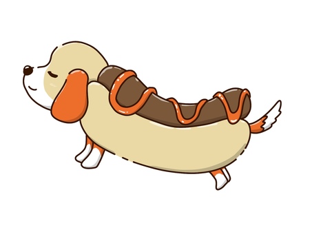ホットドッグ犬 ホットドッグ,犬,ビーグル,食べ物,美味しそう,ケチャップ,かわいい,手描き,シンプル,おしゃれのイラスト素材