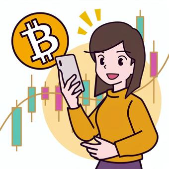 スマホで暗号通貨をトレードする女性 スマホ,暗号通貨,トレード,カラー,女性,ビットコイン,チャート,相場,笑顔,手描きのイラスト素材