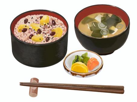 赤飯みそ汁セット（栗入り） 赤飯,お赤飯,栗,みそ汁,セット,食べ物,和食,日本食,定食,ごはんのイラスト素材