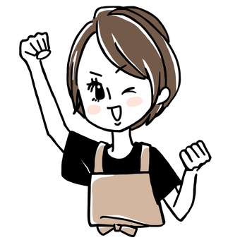 エプロン姿でガッツポーズの女性　黒 エプロン,女性,かわいい,おしゃれ,先生,保育園,保育士,幼稚園,家事,掃除のイラスト素材