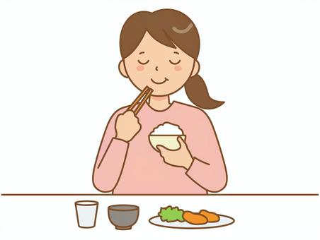 よく噛んで食事をする女性のイラスト  ご飯,噛む,ダイエット,咀嚼,もぐもぐ,女性,ゆっくり,減量,消化,食事制限のイラスト素材