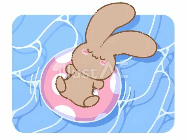浮き輪で海に浮かぶ茶色うさぎ うさぎ,茶色,ブラウンのイラスト素材