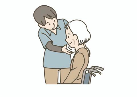 車椅子の高齢者の顔を拭く介護士（清拭） 清拭,顔を拭く,介護士,介護,介助,ヘルパー,ケア,福祉,医療,病院のイラスト素材