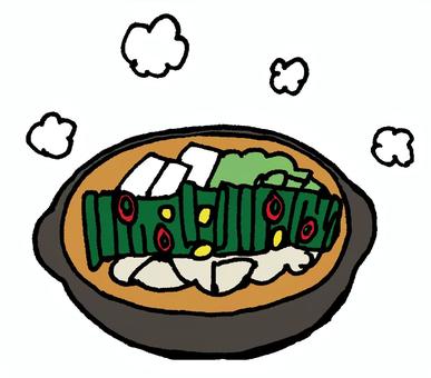 もつ鍋（湯気付き） もつ鍋,湯気,温かい,温まる,鍋,もつ,豆腐,ニラ,キャベツ,鷹の爪のイラスト素材