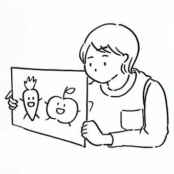 読み聞かせする保育士(線画) 保育士,先生,保育園,幼稚園,育児,紙芝居,絵本,読み聞かせ,子供,エプロンのイラスト素材