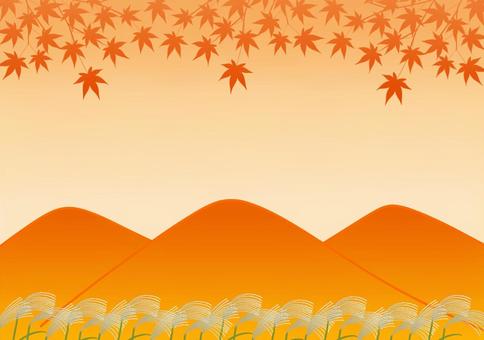 紅葉とオレンジの山とすすきの秋の風景 紅葉,植物,すすき,山,自然,田舎,オレンジ,風景,秋,初秋のイラスト素材