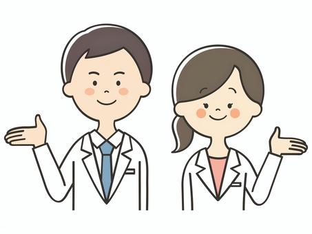 紹介する白衣の男女 紹介する白衣の男女 紹介,案内,説明,教える,解説,アドバイス,重要,お知らせ,注目,誘導のイラスト素材