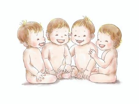 赤ちゃん４人 赤ちゃん,水彩,柔らかい,ムチムチ,笑顔,仲良し,子供たち,裸,肌色,パステルのイラスト素材