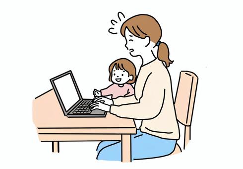 リモートワーク中のママといたずらする子 リモートワーク,育児,子育て,邪魔,親子,女性,子ども,パソコン,仕事,挿絵のイラスト素材
