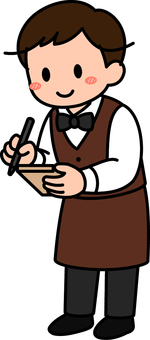 茶色のスタッフのメモポーズです。 レストラン,スタッフ,シンプル,従業員,飲食店,接客,サービス,店員,接客業,カフェのイラスト素材