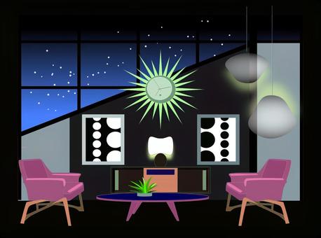 ミッドセンチュリー ミッドセンチュリー midcentury,ミッドセンチュリー,部屋,インテリア,照明,ソファ,テーブル,窓,植物,観葉植物のイラスト素材