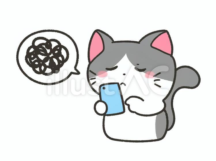 もやもやの吹き出しとスマホを操作する猫 スマホ,動物,猫のイラスト素材