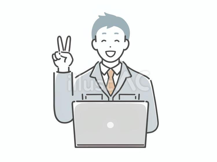 パソコンの前でVサインする作業服の男性 男性,人物,若いのイラスト素材