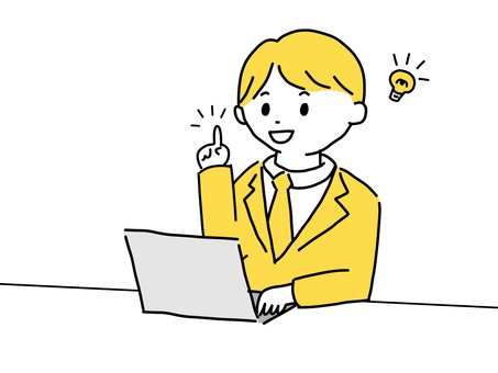 パソコン仕事でひらめいたビジネスマン パソコン,pc,ひらめき,アイデア,発見,解決,電球,ノートパソコン,ビジネスマン,人差し指のイラスト素材