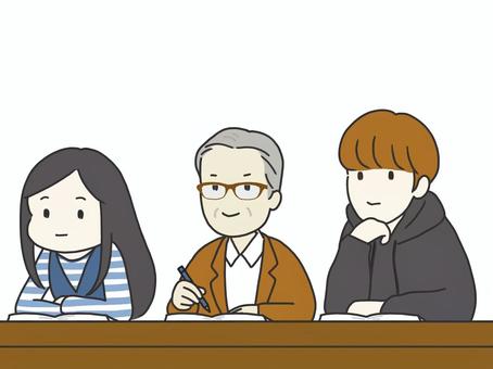 若者に混じって勉強する中年男性 中年男性,シニア,高齢者,高齢男性,勉強,若い人,大学生,資格,趣味,学びのイラスト素材