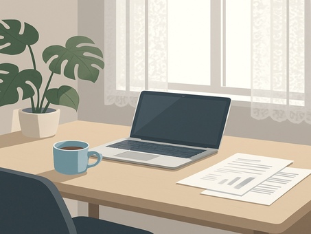 デスクワーク デスク,デスクワーク,パソコン,コーヒー,日差し,ビジネス,ビジネススタイル,仕事中,モンステラ,ビジネスシーンのイラスト素材