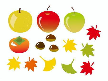 秋の果物と紅葉のイラスト素材 秋,果物,紅葉,りんご,梨,柿,栗,食べ物,味覚,フルーツのイラスト素材
