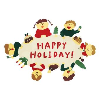 パーティー_HOLIDAY 12月,冬,クリスマス,サンタクロース,帽子,髭,プレゼント,箱,リボン,正面のイラスト素材