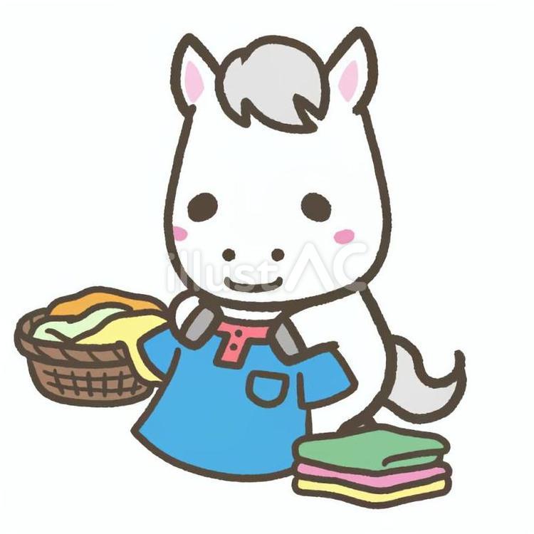 洗濯物をたたむ白馬 かわいい,ホース,デフォルメのイラスト素材