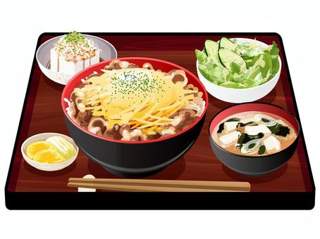 チーズ牛丼定食 牛丼,チーズ,定食,料理,食べ物,丼物,牛肉,味噌汁,ネギ,豆腐のイラスト素材