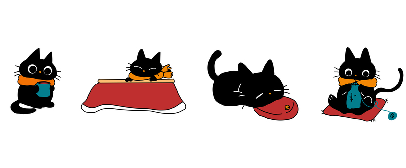 冬を楽しむ黒猫セット 冬,寒い,防寒,暖房,温める,温まる,温かい,セット,動物,子どものイラスト素材