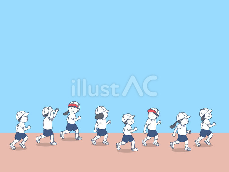 体操服を着て青空の下元気に走る子供たち 運動会,かけっこ,ベクターのイラスト素材