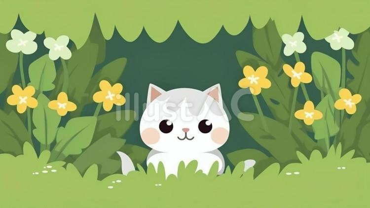 可愛い子猫ちゃんと花畑 かわいい,猫,喜ぶのイラスト素材