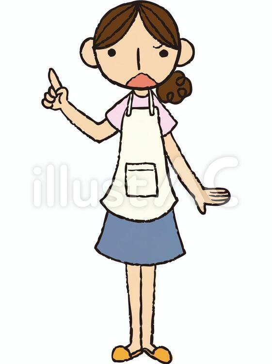 エプロンの女性(困る・指さし) 保母,指さし,立ち姿のイラスト素材