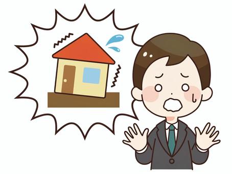 傾いた住宅に驚く男性 住宅,住まい,傾き,地盤,沈下,劣化,問題,家,20代,30代のイラスト素材