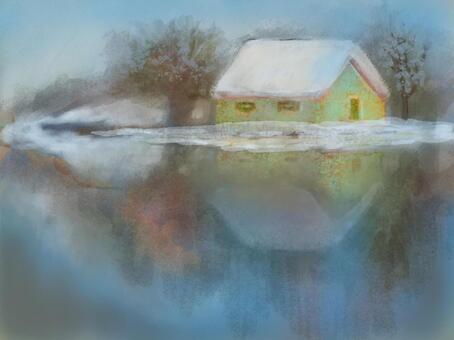 湖畔の家 風景,懐かしい,リラックス,パステルカラー,絵の具,クレヨン,パステル,イメージ,シンプル,楽しいのイラスト素材