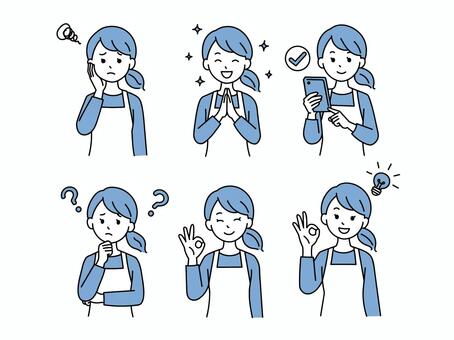 女性主婦の喜怒哀楽イラストセット 喜怒哀楽,感情,喜び,怒り,哀しみ,楽しみ,笑顔,困る,不満,セットのイラスト素材