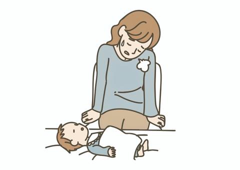 育児疲れで疲弊する母親 育児疲れ,子育て,疲弊,疲労,母親,ママ,赤ちゃん,乳幼児,睡眠不足,産後のイラスト素材