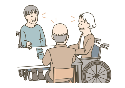 高齢者施設でのお茶と団らん 高齢者,お年寄り,シニア,利用者,施設,老人ホーム,デイサービス,団らん,お茶,おしゃべりのイラスト素材