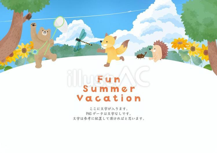 可愛い夏休みの動物たちのフレーム 夏休み,昆虫採集,夏のイラスト素材