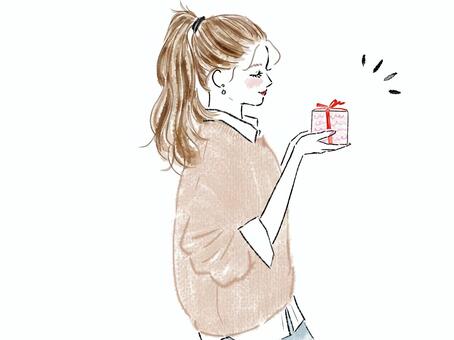 小さなプレゼントボックスを持つポニテ女性 女性,プレゼント,リボン,ボックス,誕生日,バレンタイン,横顔,ポニーテール,持つ,ギフトのイラスト素材