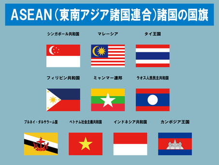 ASEAN（アセアン）諸国の国旗 国旗,東南アジア諸国連合,インドネシア,マレーシア,フィリピン,シンガポール,タイ,ブルネイ,ベトナム,ラオスのイラスト素材