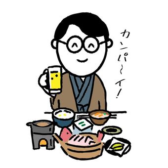 宿泊して食事を楽しむ男性 食事,ご馳走,宿泊,お宿,ごはん,お造り,和食,ディナー,温泉宿,旅のイラスト素材
