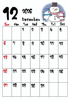 ぬっこカレンダー2026年12月 カレンダー,猫,雪,冬,雪だるま,12月のイラスト素材