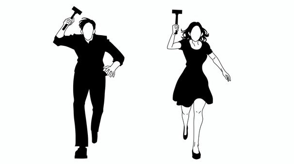 ハンマーを手に走る男女（顔無し） 女性,男性,人物,狂人,暴漢,通り魔,不審者,異常者,走る,金槌のイラスト素材