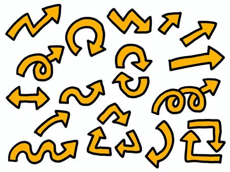 手書き風の黒い線の黄色い矢印のセット 矢印,黄色,線画,セット,単色,案内,標識,ベクトル,目印,サインのイラスト素材