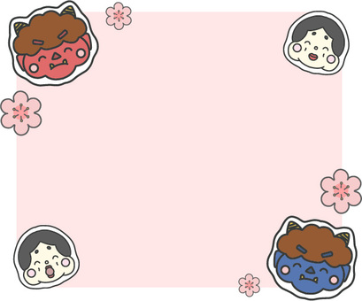 鬼と福（おかめ）と梅のイラストフレーム 節分,鬼,フレーム,青鬼,赤鬼,おかめ,おたより,かわいい,手描き,2月のイラスト素材