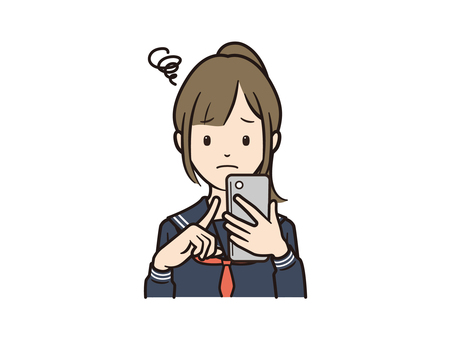 スマホ操作に困惑するセーラー服女子 スマホ,スマートフォン,携帯電話,学生,女子,高校生,中学生,モバイル,アプリ,snsのイラスト素材