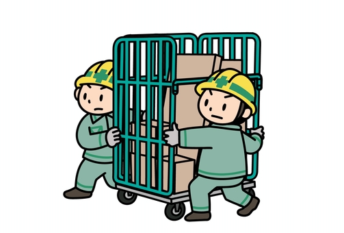 カゴ台車－男性（二人で運搬） 作業員,会社員,社員,二人,男性,カゴ台車,ロールボックス,運搬カート,運搬台車,ワークテナーのイラスト素材